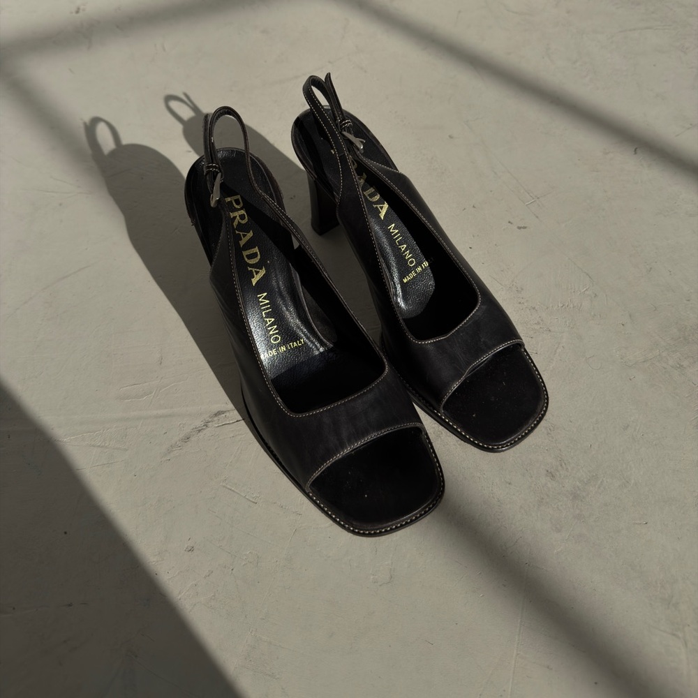 Prada Black Leather Open Toe Heels